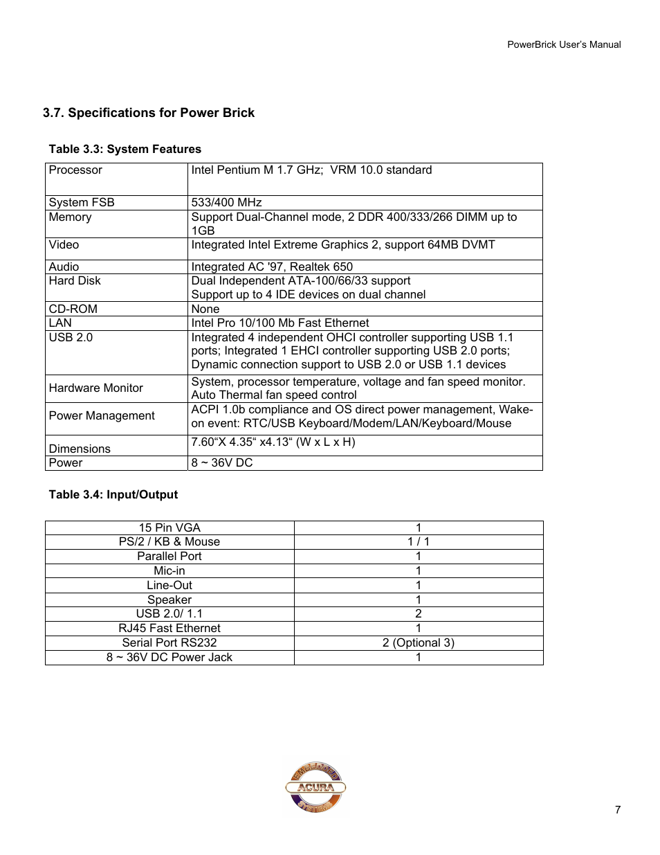 Specifications for power brick | Acura Embedded PowerBrick Small footprint rugged Pentium-M User Manual | Page 11 / 14