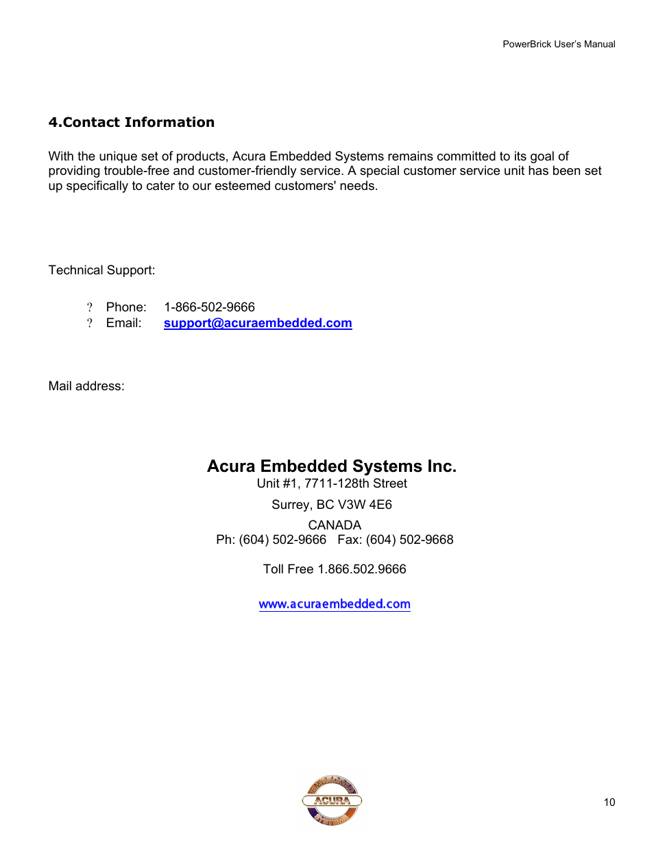 Contact information, Acura embedded systems inc | Acura Embedded PowerBrick Small footprint rugged Pentium-M User Manual | Page 14 / 14