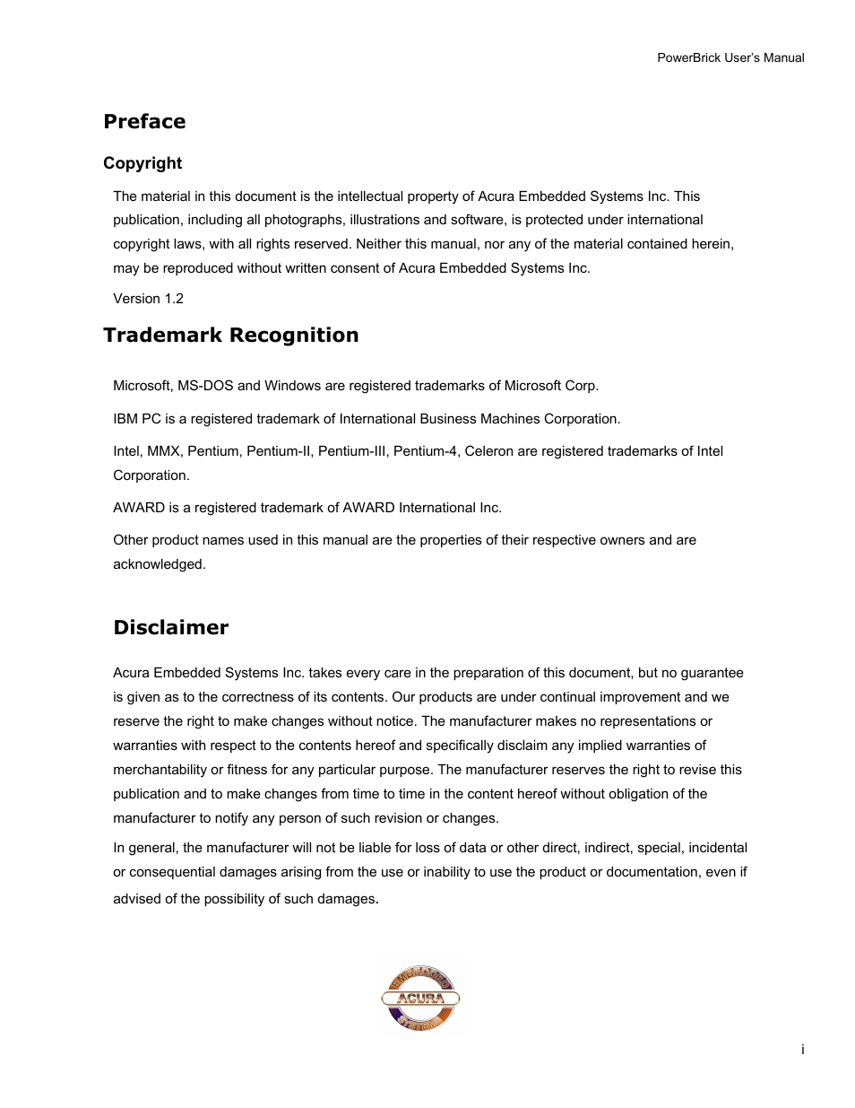 Preface, Trademark recognition, Disclaimer | Acura Embedded PowerBrick Small footprint rugged Pentium-M User Manual | Page 2 / 14