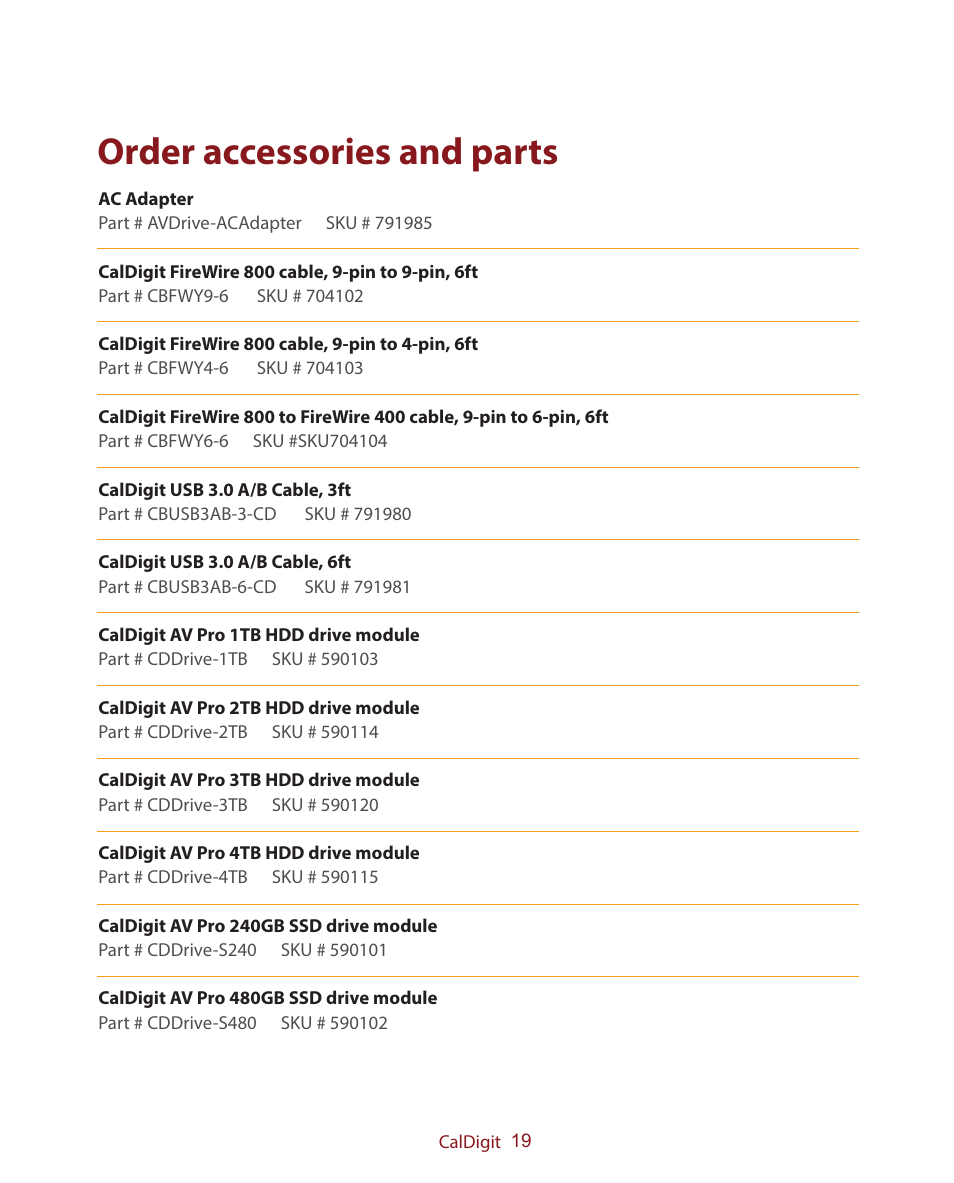 Order accessories and parts | CalDigit AV Pro USB 3 Only User Manual | Page 19 / 21