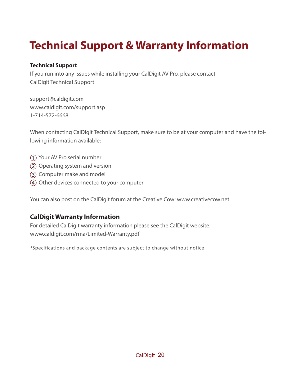 Technical support & warranty information | CalDigit AV Pro USB 3 Only User Manual | Page 20 / 21