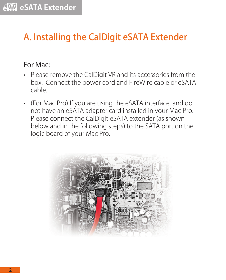 A. installing the caldigit esata extender, Esata extender | CalDigit eSATA Extender User Manual | Page 2 / 11