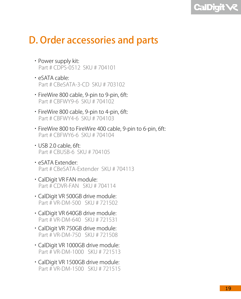 D. order accessories and parts | CalDigit VR User Manual | Page 19 / 20