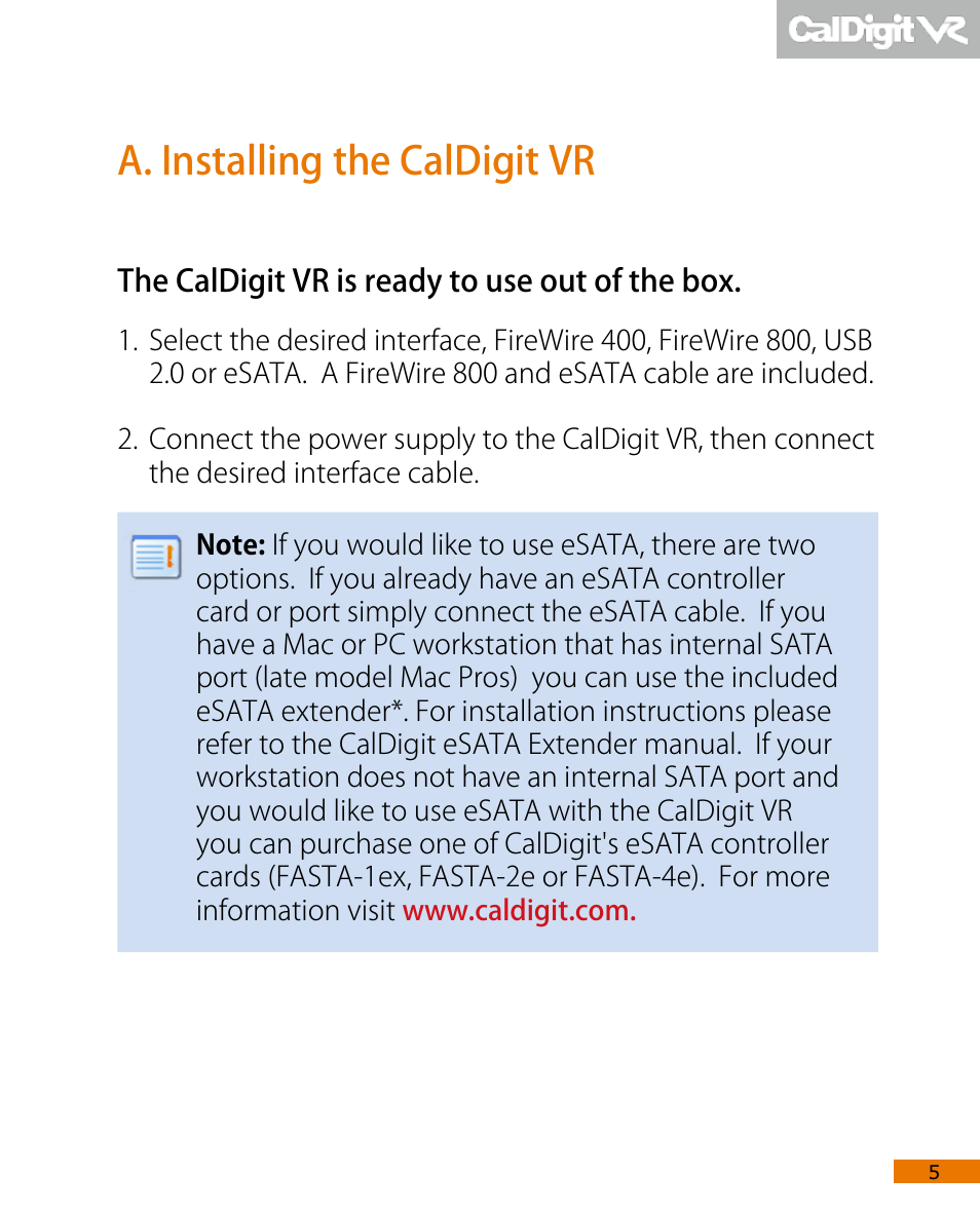A. installing the caldigit vr | CalDigit VR User Manual | Page 5 / 20