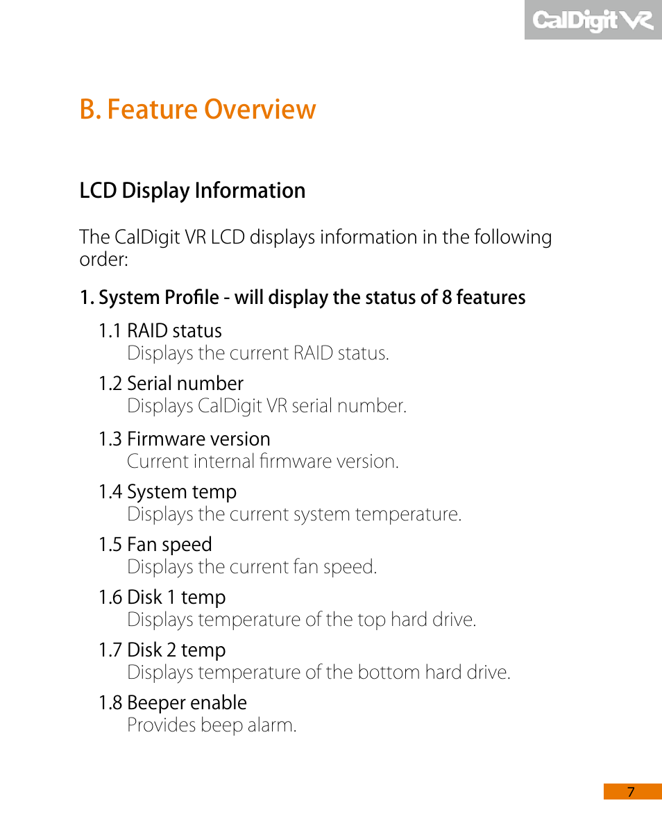 B. feature overview | CalDigit VR User Manual | Page 7 / 20