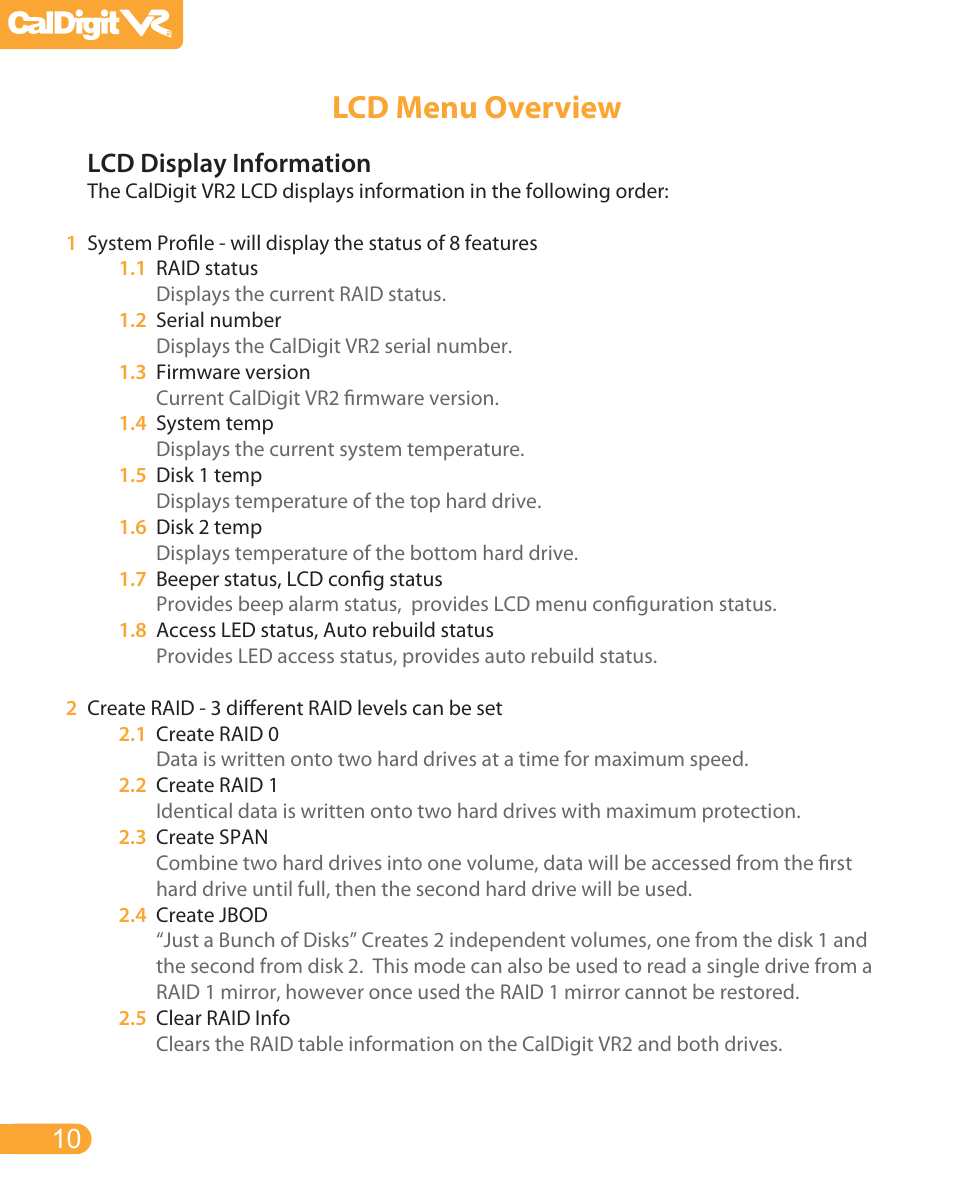 Lcd menu overview, Lcd display information | CalDigit VR2 User Manual | Page 10 / 21