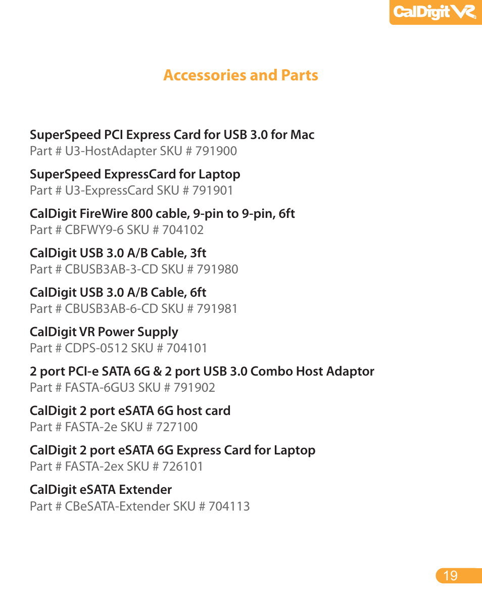 Accessories and parts | CalDigit VR2 User Manual | Page 19 / 21