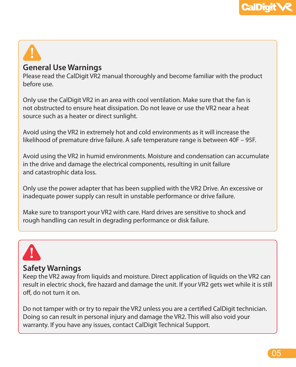 General use warnings, Safety warnings | CalDigit VR2 User Manual | Page 5 / 21
