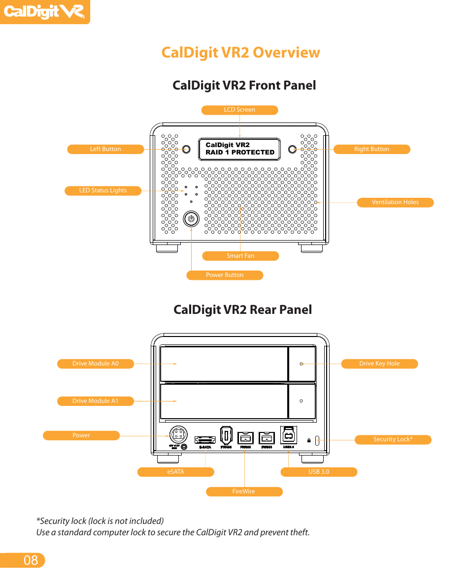 Caldigit vr2 overview, Caldigit vr2 front panel, Caldigit vr2 rear panel | CalDigit VR2 User Manual | Page 8 / 21