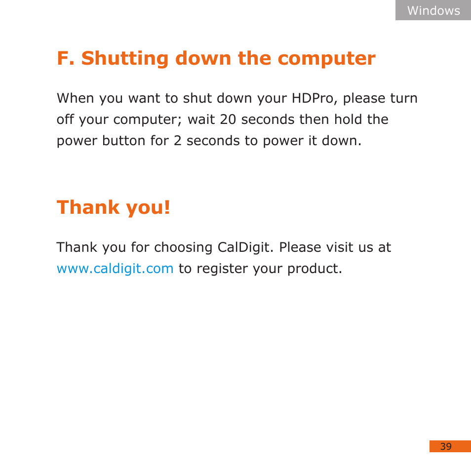 F. shutting down the computer | CalDigit HDPro User Manual | Page 39 / 40