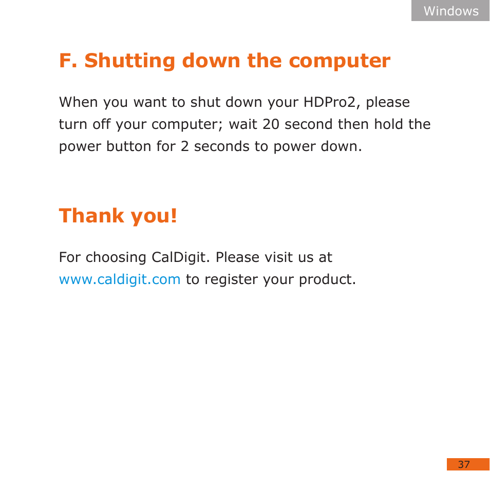 F. shutting down the computer | CalDigit HDPro2 User Manual | Page 37 / 38