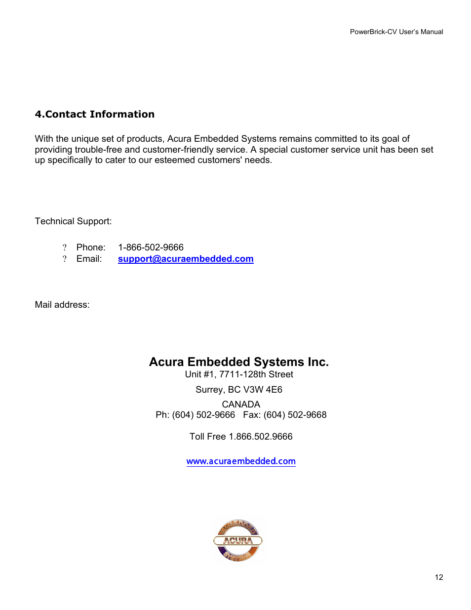 Contact information, Acura embedded systems inc | Acura Embedded Power Brick-CV User Manual | Page 13 / 13