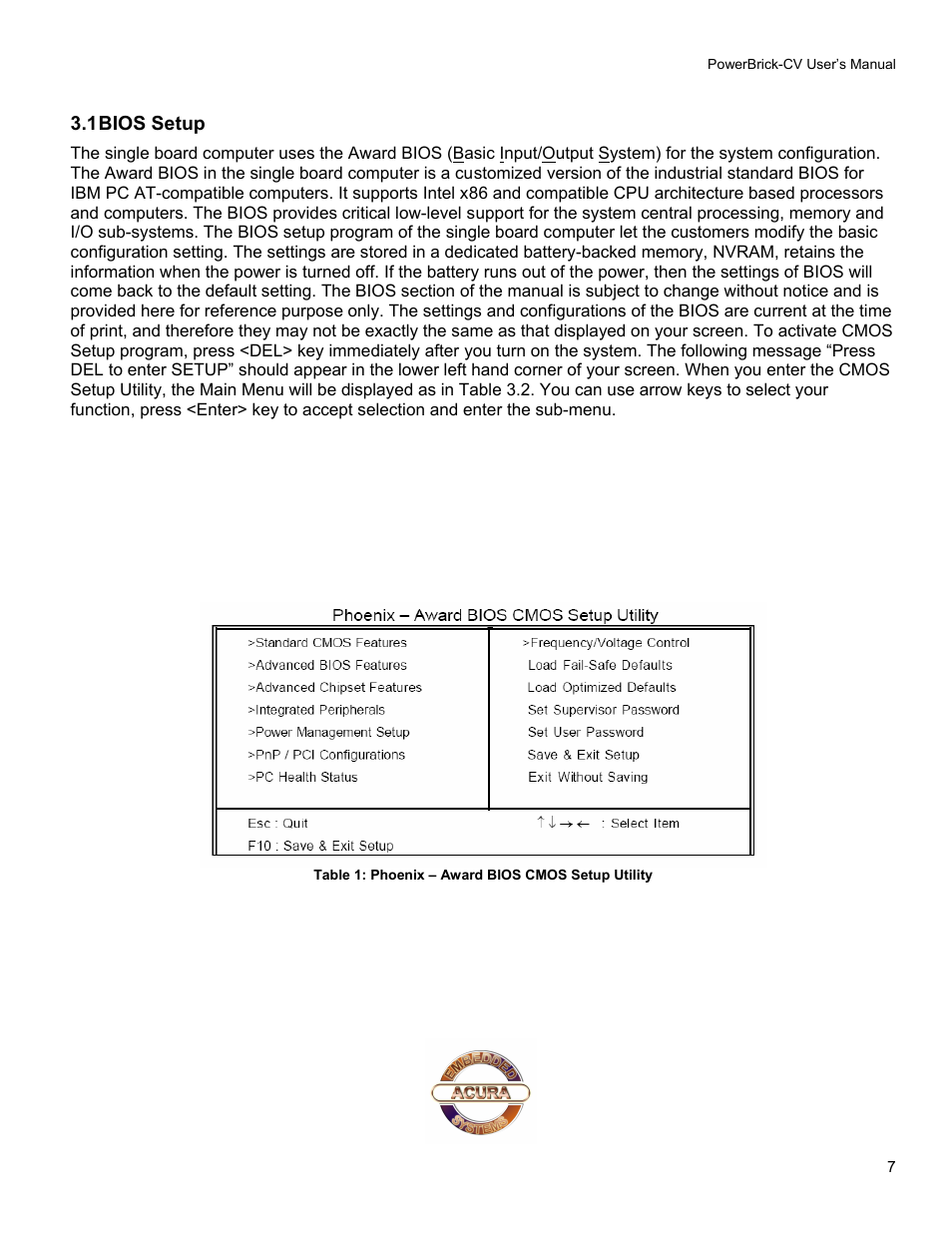 1 bios setup | Acura Embedded Power Brick-CV User Manual | Page 8 / 13
