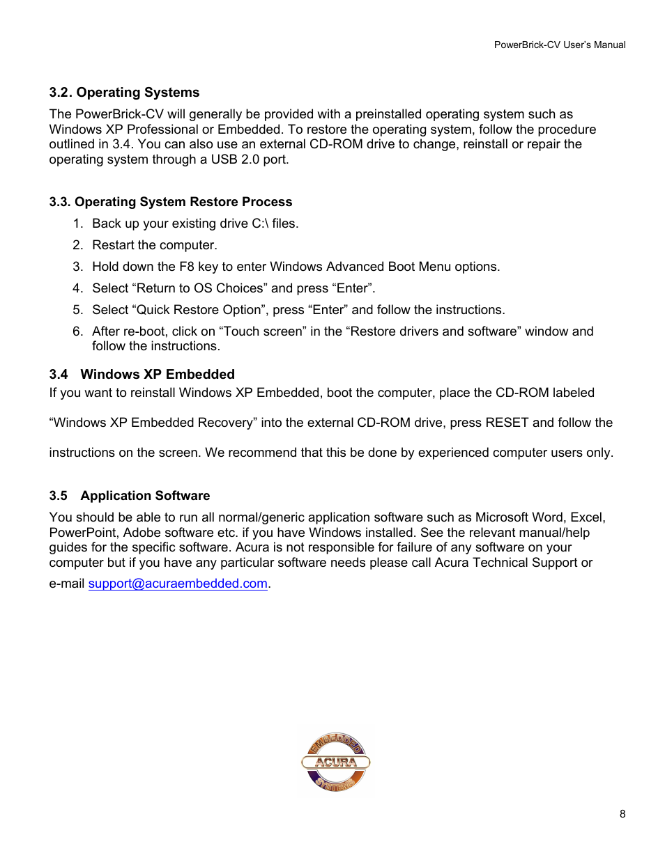 2 . operating systems, 4 windows xp embedded, 5 application software | Acura Embedded Power Brick-CV User Manual | Page 9 / 13
