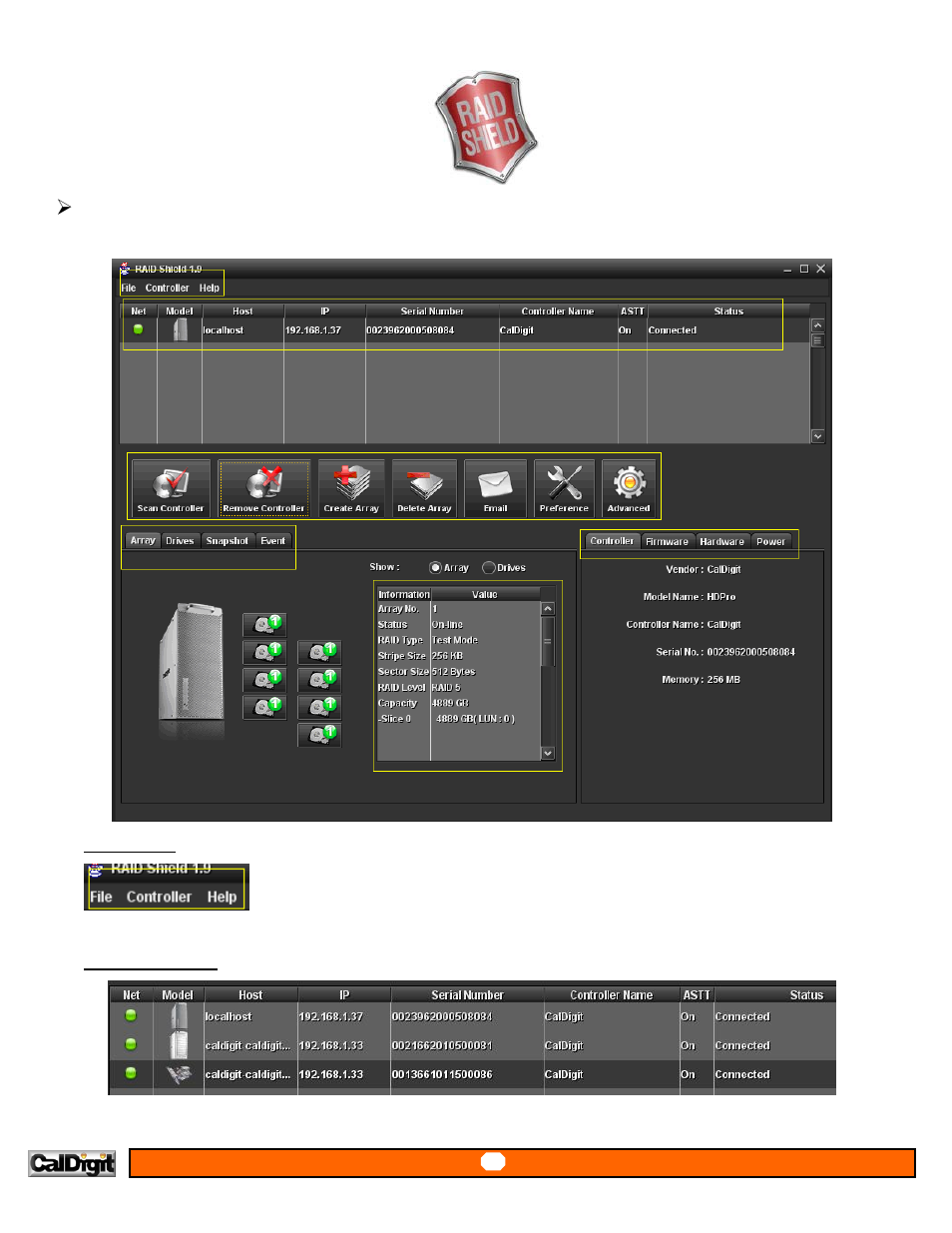 Raidshield general introduction, Menu bar, Controller list | CalDigit RAIDShield User Manual | Page 12 / 41