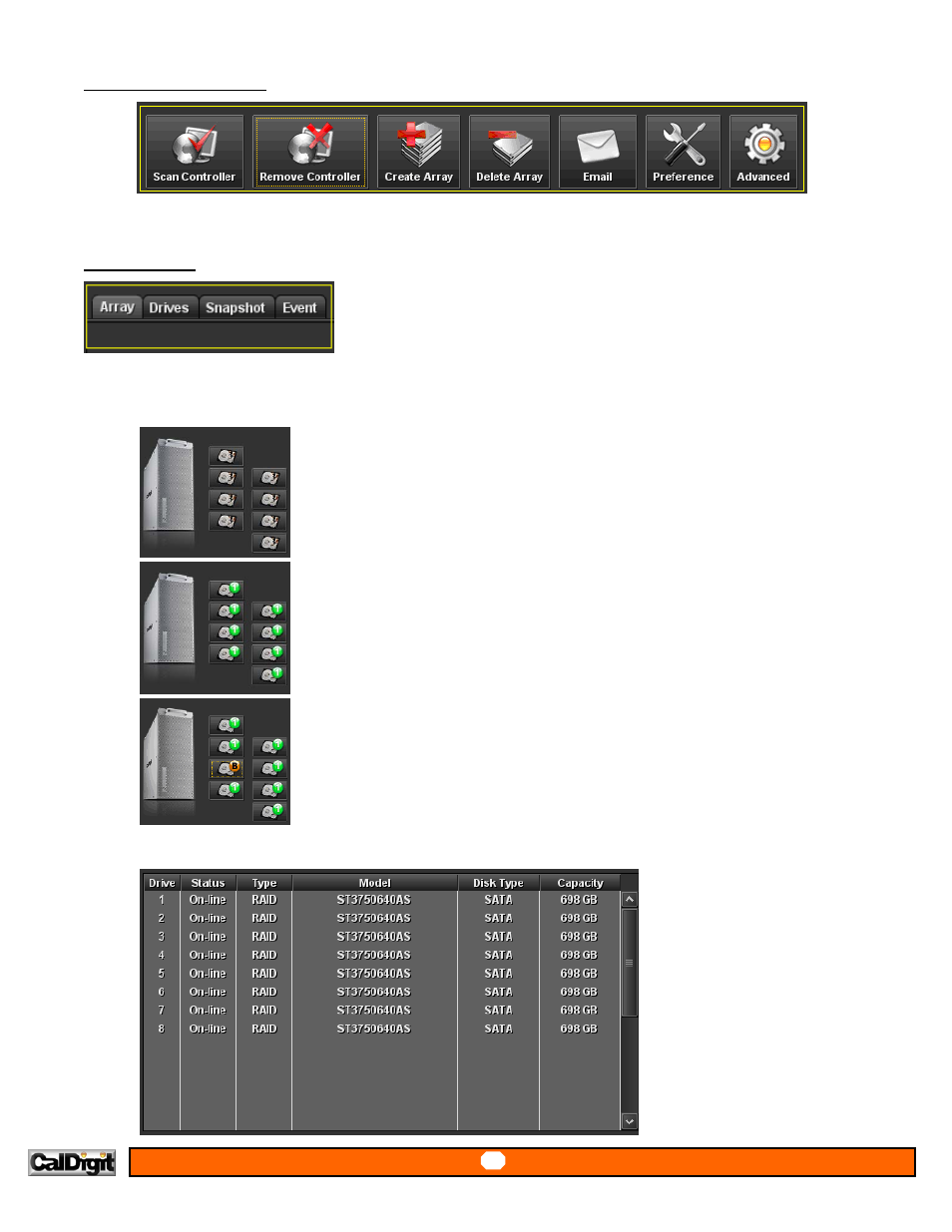 No array present, 8 empty hard drives, Configuration icons, Status tabs | CalDigit RAIDShield User Manual | Page 13 / 41