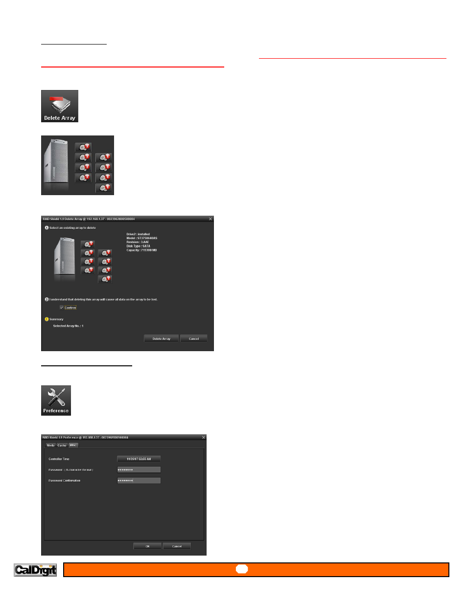 Deleting array, Changing password | CalDigit RAIDShield User Manual | Page 19 / 41