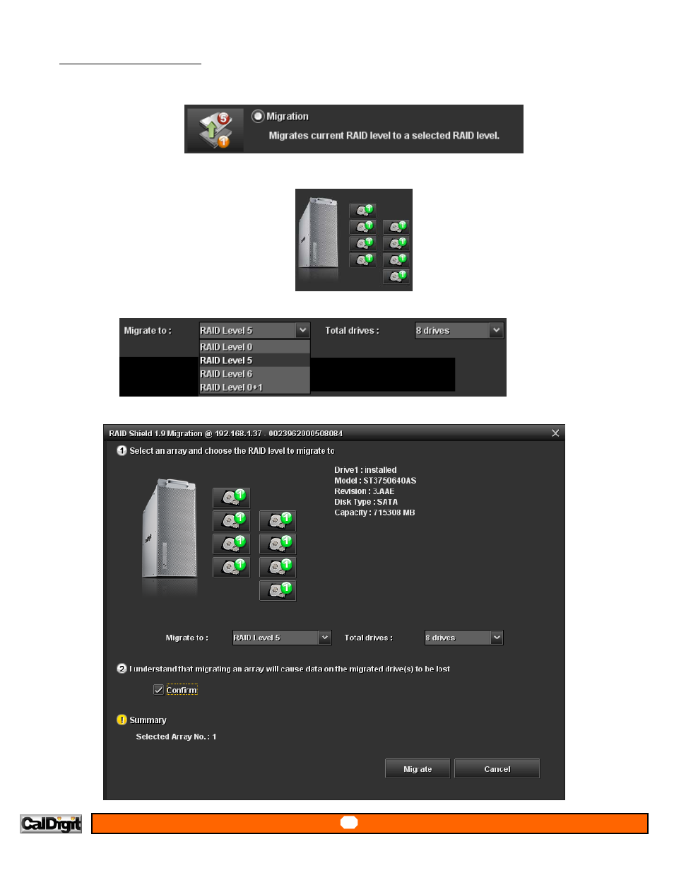 Advanced – migration, Specific the raid types and number of drives | CalDigit RAIDShield User Manual | Page 28 / 41