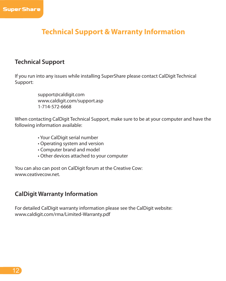 Technical support & warranty information, Technical support, Caldigit warranty information | CalDigit SuperShare User Manual | Page 12 / 13