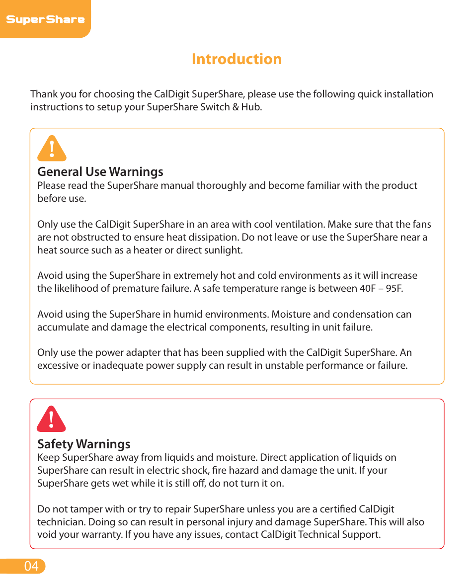 Introduction, General use warnings, Safety warnings | CalDigit SuperShare User Manual | Page 4 / 13