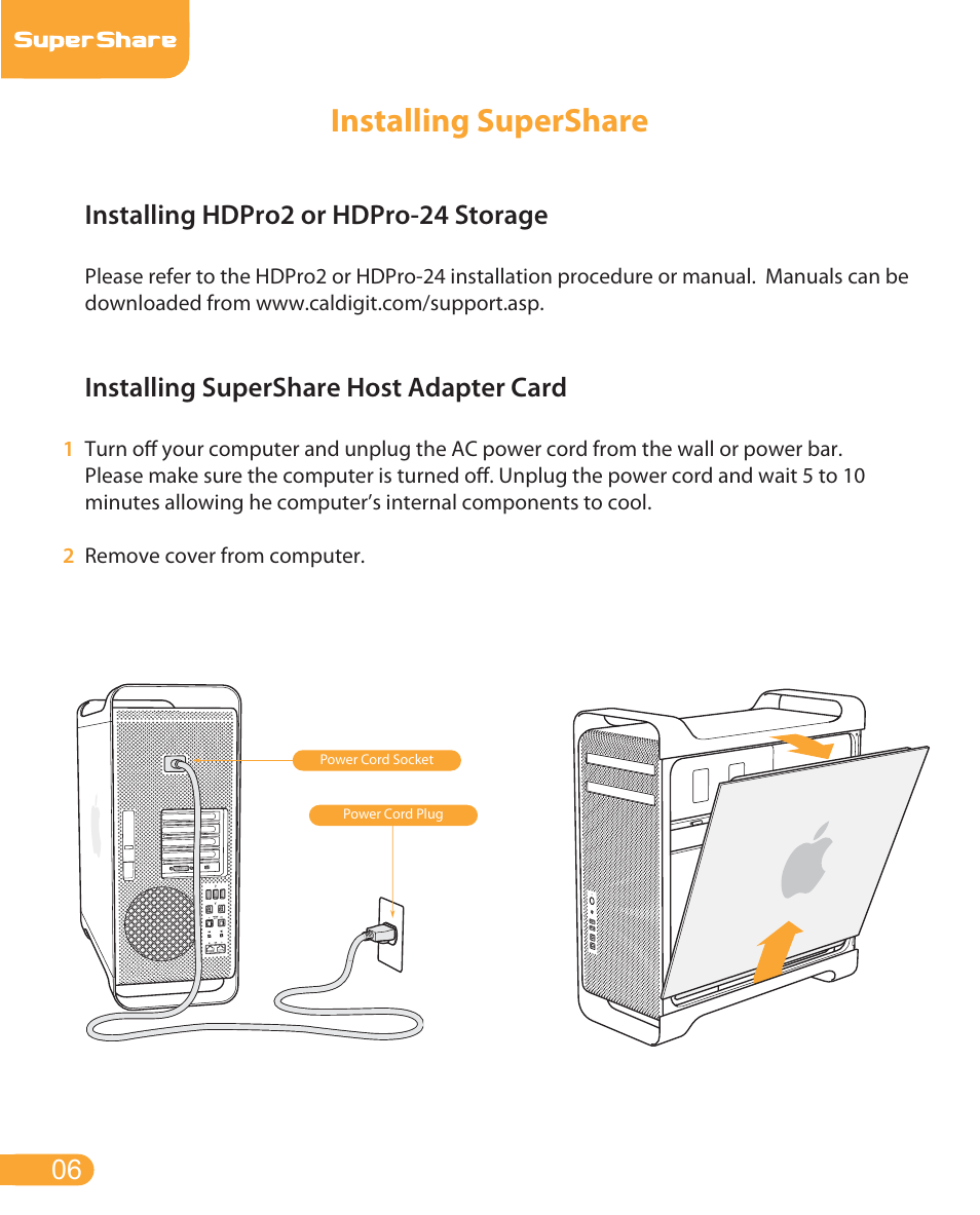 Installing supershare, Installing hdpro2 or hdpro-24 storage, Installing supershare host adapter card | CalDigit SuperShare User Manual | Page 6 / 13
