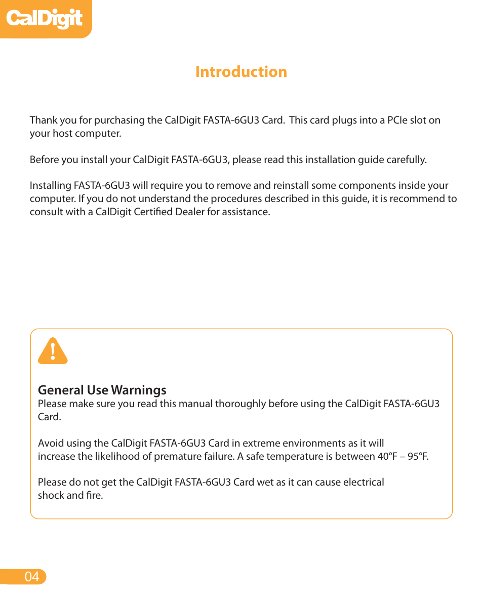 Introduction, General use warnings | CalDigit FASTA-6GU3 Card User Manual | Page 4 / 15