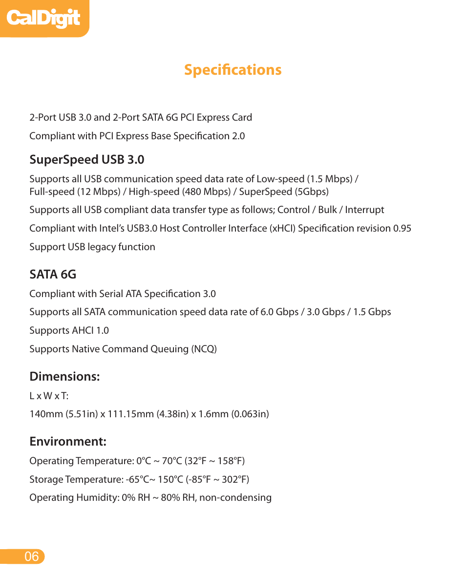 Specifcations, Specifications | CalDigit FASTA-6GU3 Card User Manual | Page 6 / 15