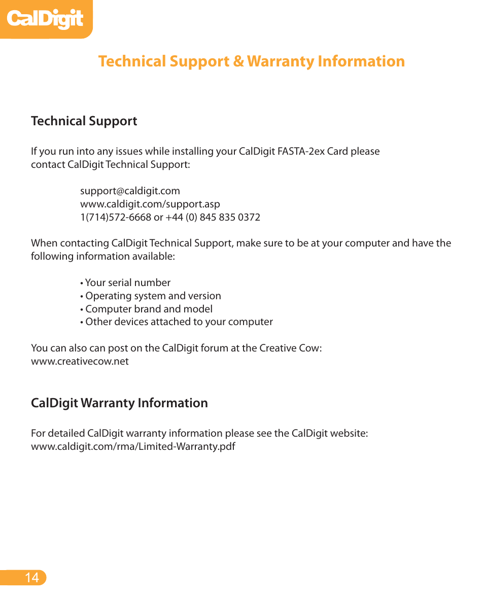 Technical support & warranty information, Technical support, Caldigit warranty information | CalDigit FASTA-2ex Card User Manual | Page 14 / 15