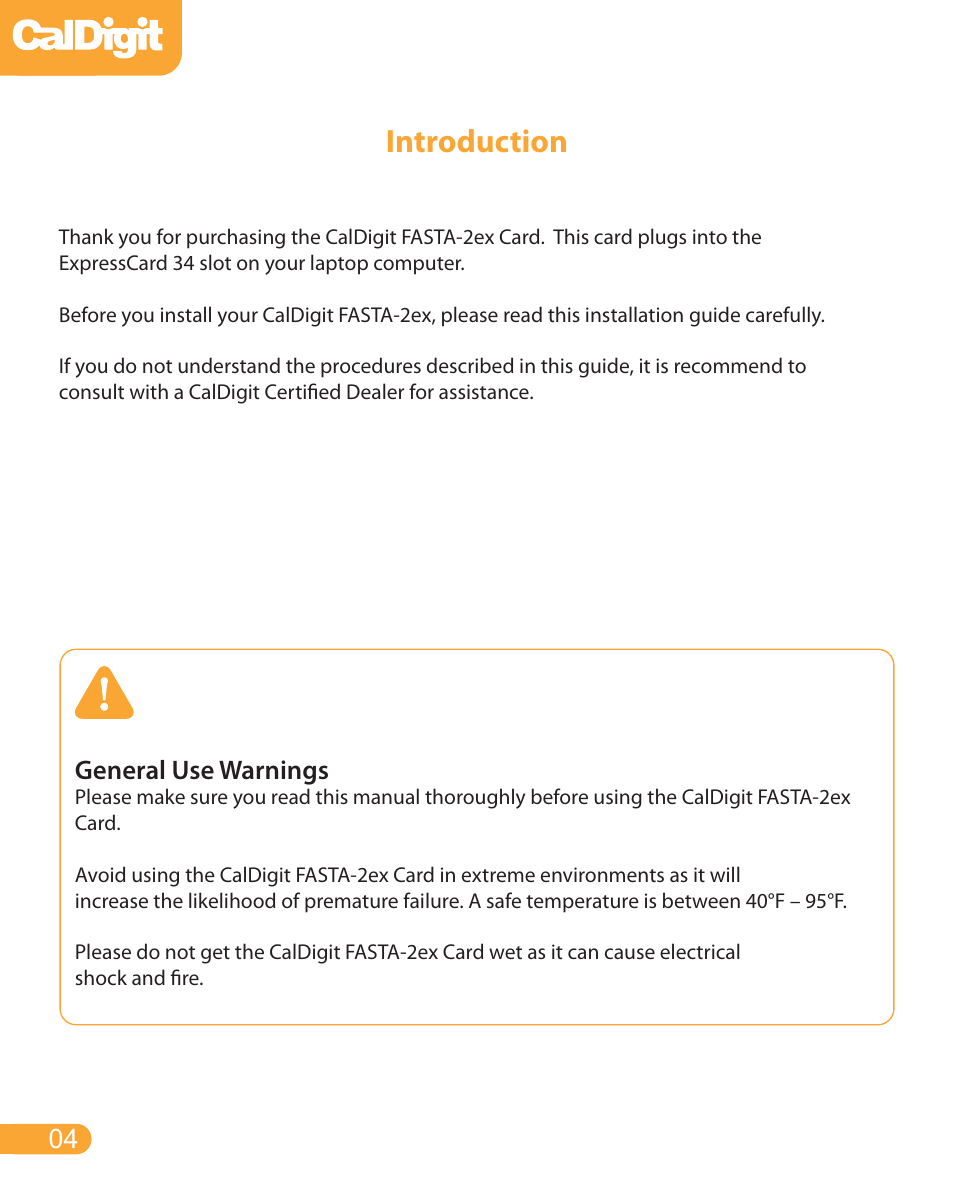 Introduction, General use warnings | CalDigit FASTA-2ex Card User Manual | Page 4 / 15
