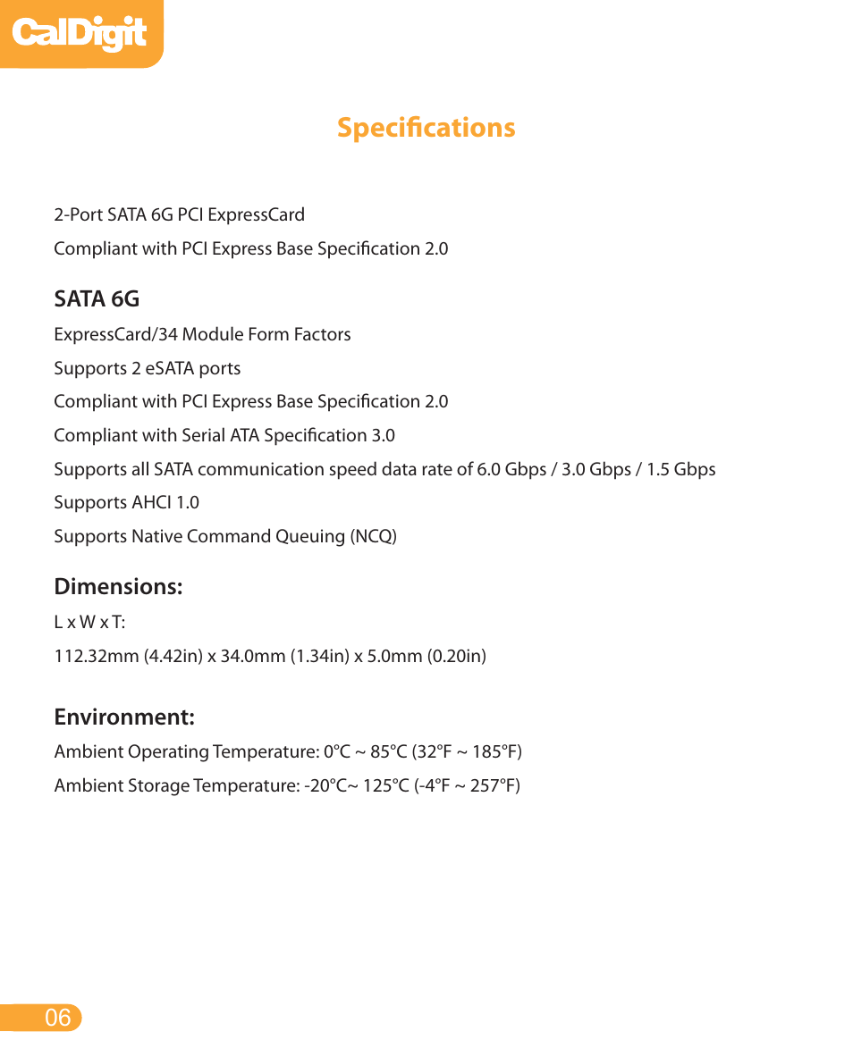 Specifications | CalDigit FASTA-2ex Card User Manual | Page 6 / 15