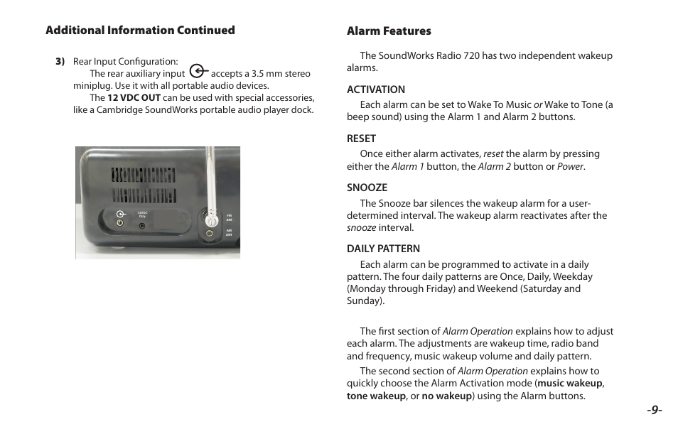 Alarm features, Additional information continued | Cambridge SoundWorks SoundWorks Radio 720 User Manual | Page 11 / 18