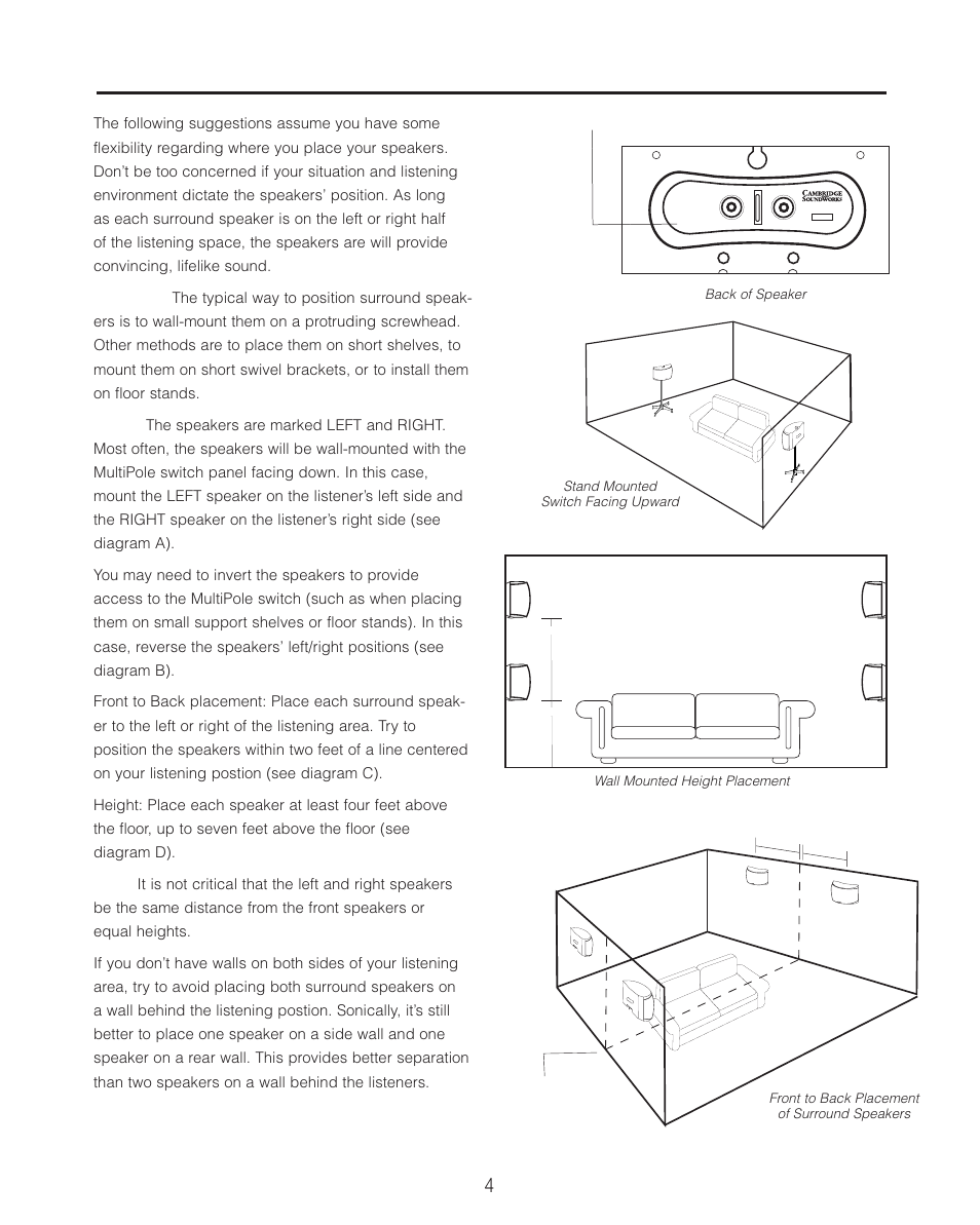Positioning your speakers, A. b. c. d | Cambridge SoundWorks S200 MultiPole Surround Speakers User Manual | Page 4 / 12