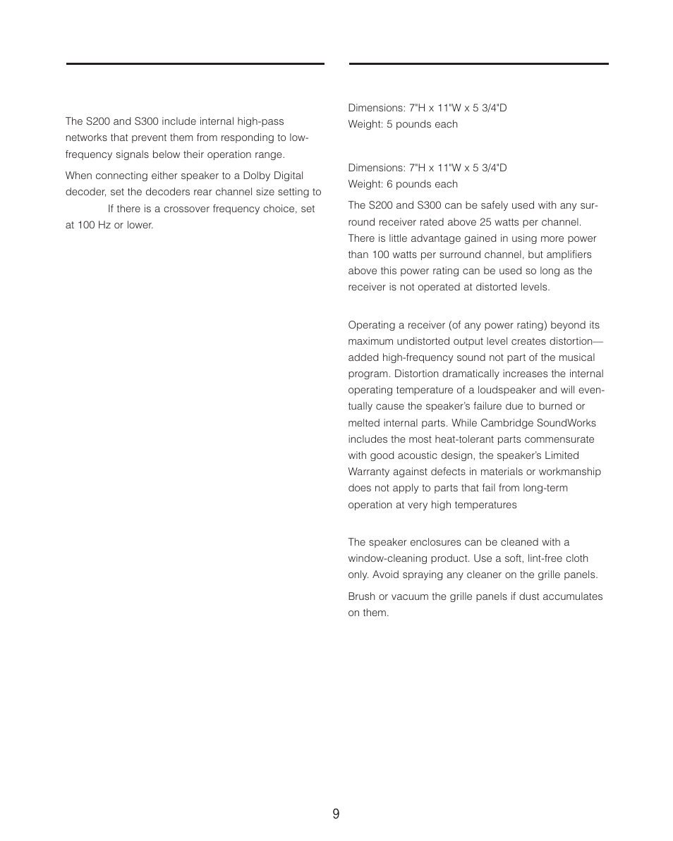 Specifications | Cambridge SoundWorks S200 MultiPole Surround Speakers User Manual | Page 9 / 12