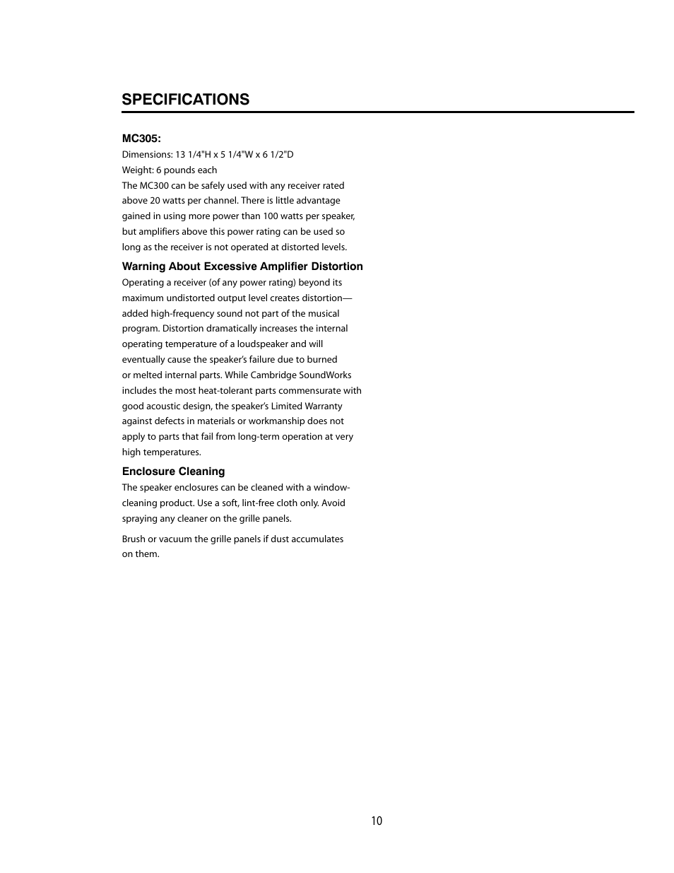 Specifications | Cambridge SoundWorks MC305 3-Driver, 2-Way Main/Center/Surround Loudspeaker User Manual | Page 10 / 12
