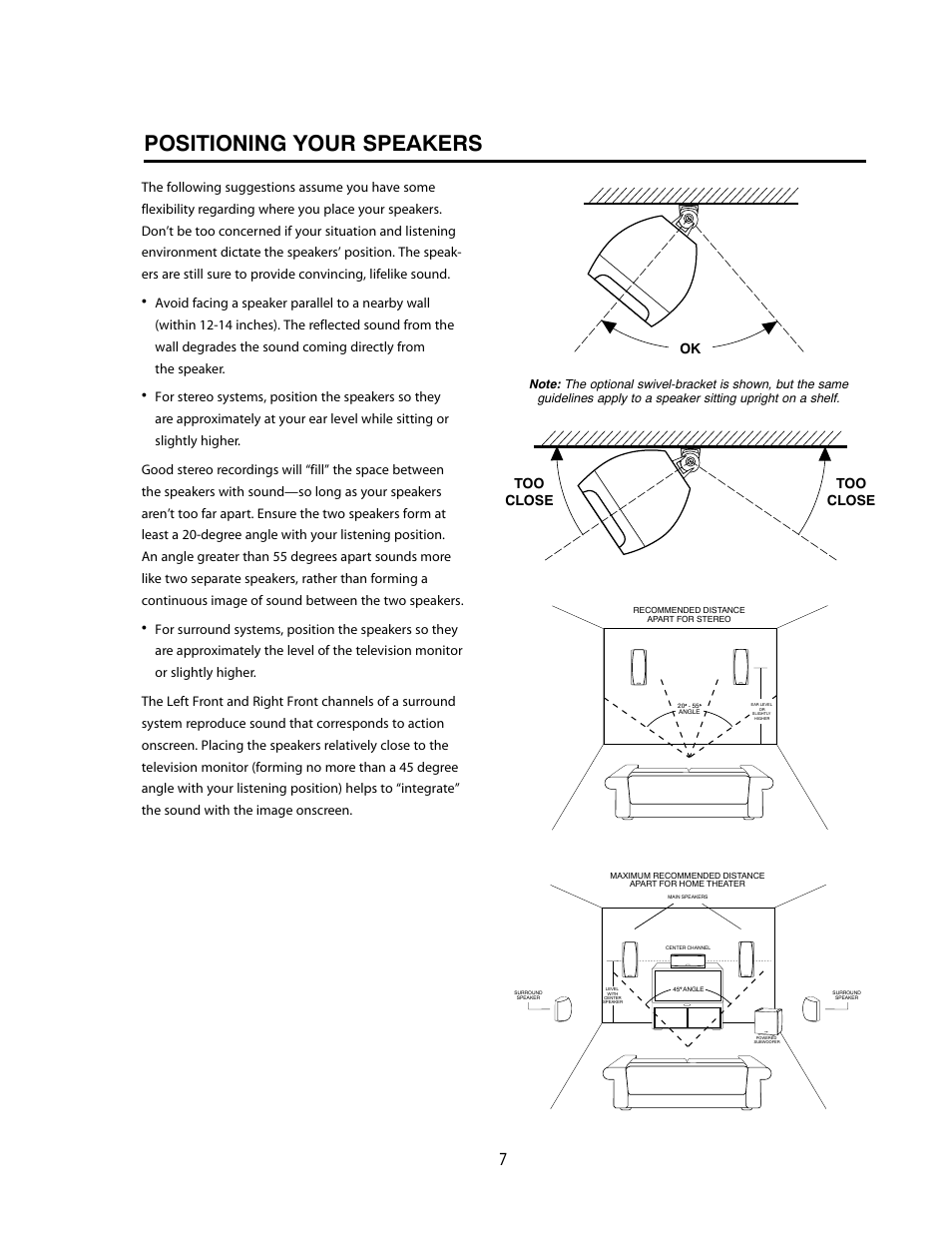 Positioning your speakers, Void, Or 'ood | Or 4he, Ok too close too close | Cambridge SoundWorks MC305 3-Driver, 2-Way Main/Center/Surround Loudspeaker User Manual | Page 7 / 12