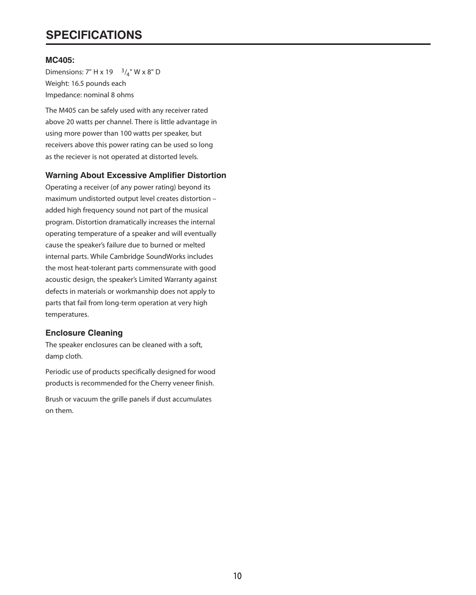 Specifications | Cambridge SoundWorks MC405 3-Driver, 2-Way Main/Center/Surround Loudspeaker User Manual | Page 10 / 12