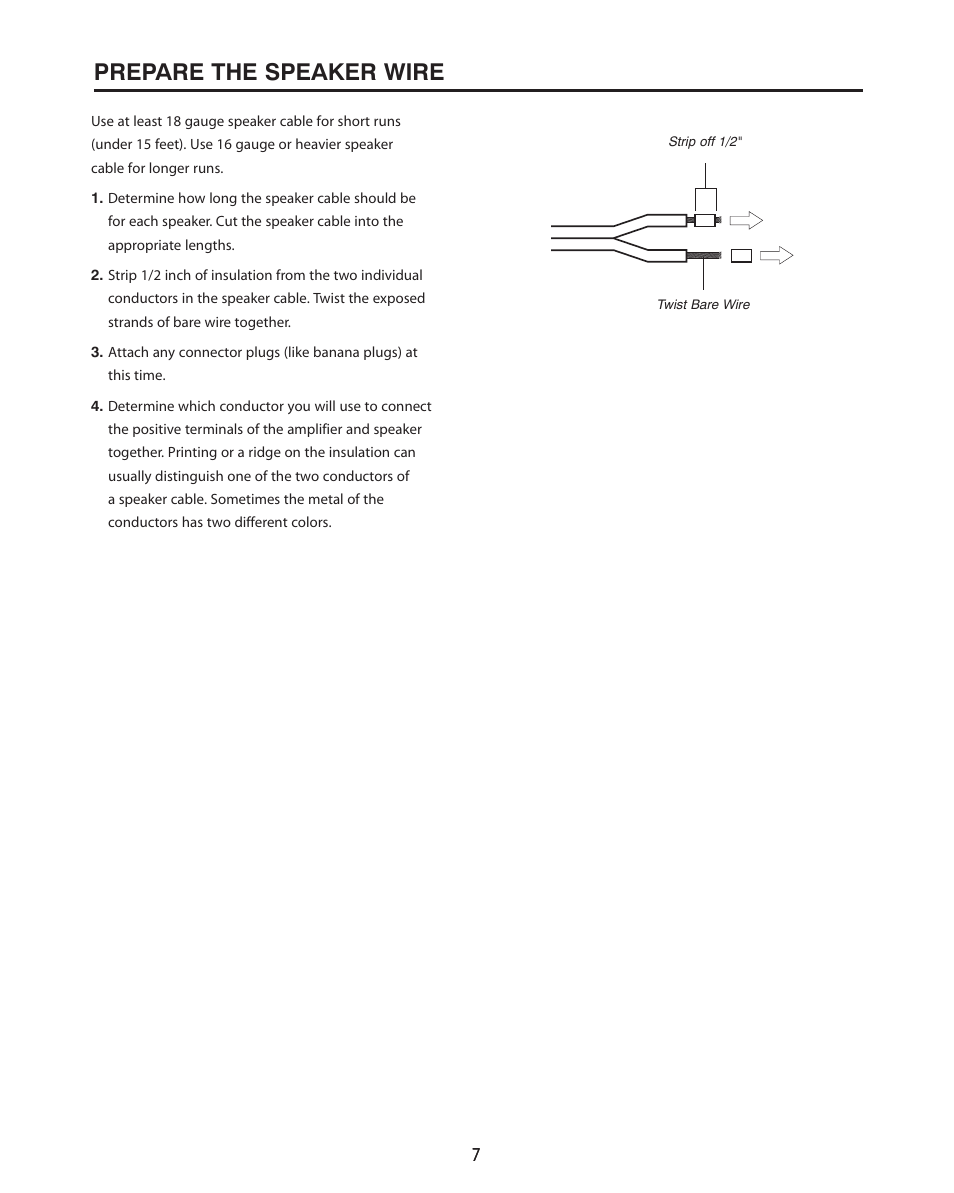 Prepare the speaker wire | Cambridge SoundWorks MC405 3-Driver, 2-Way Main/Center/Surround Loudspeaker User Manual | Page 7 / 12