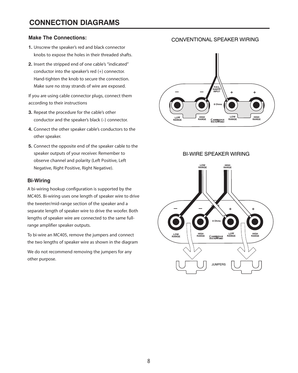 Connection diagrams, Make the connections, Bi-wiring | Conventional speaker wiring, Bi-wire speaker wiring | Cambridge SoundWorks MC405 3-Driver, 2-Way Main/Center/Surround Loudspeaker User Manual | Page 8 / 12