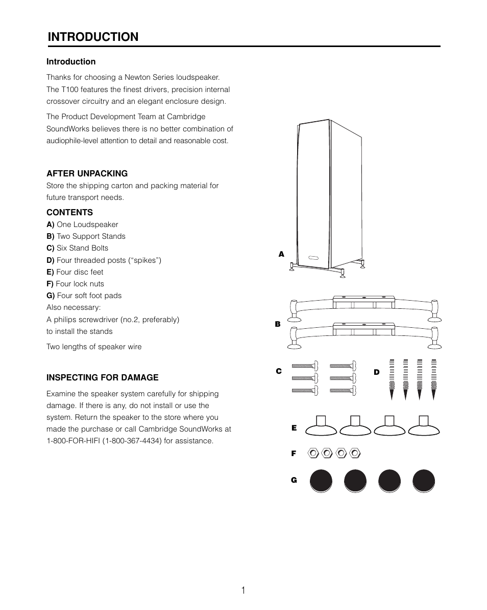 Introduction | Cambridge SoundWorks T100 Tower Loudspeakers User Manual | Page 3 / 12