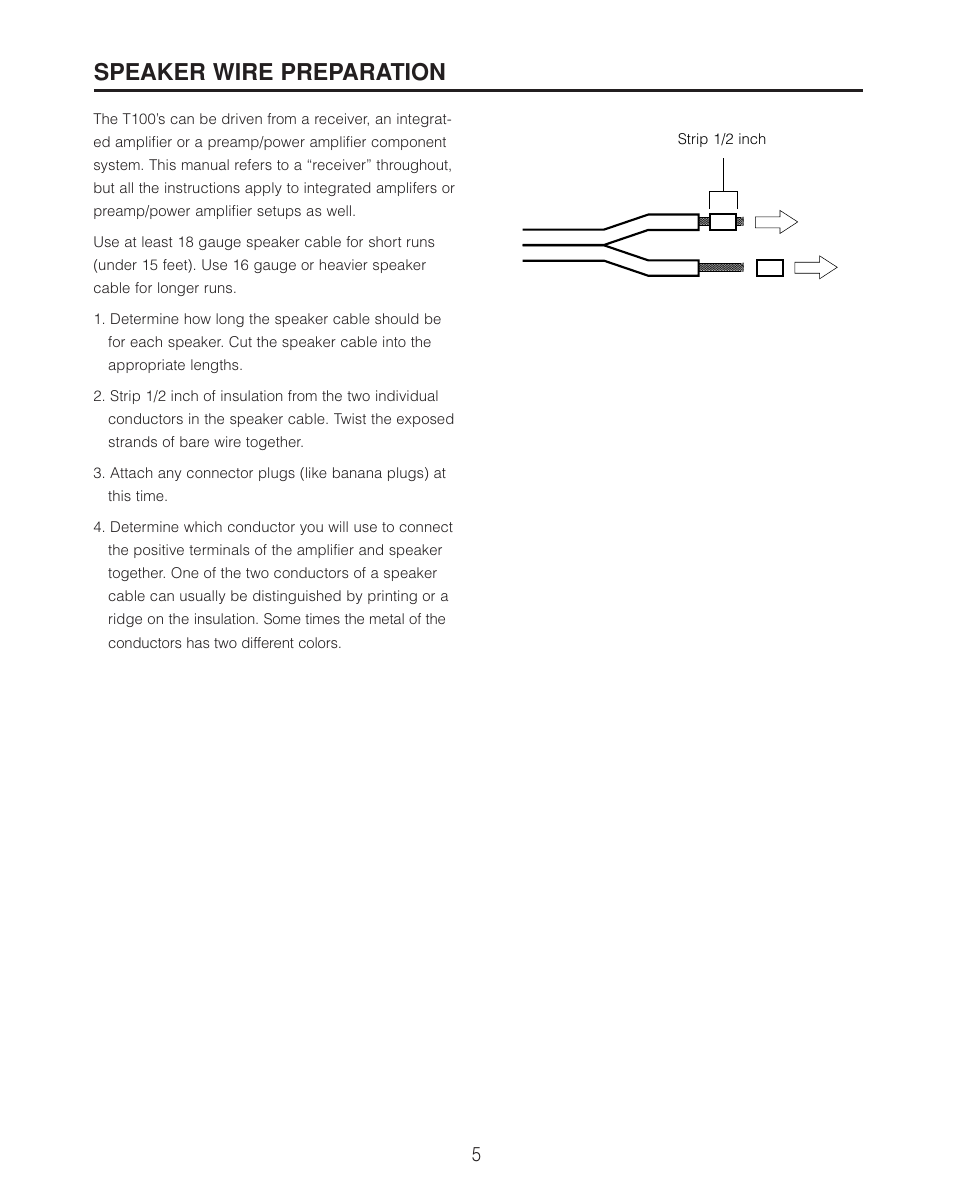 Speaker wire preparation | Cambridge SoundWorks T100 Tower Loudspeakers User Manual | Page 7 / 12
