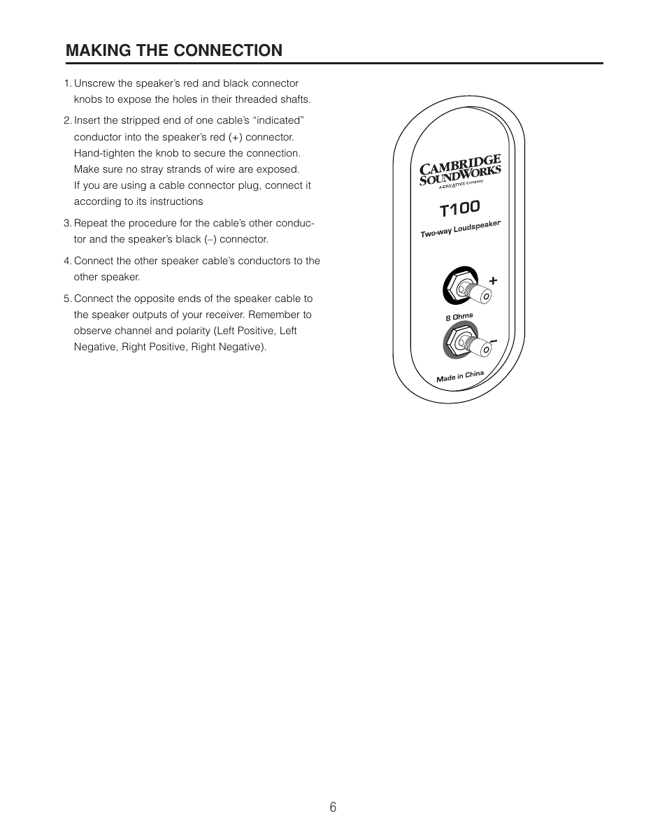 Making the connection | Cambridge SoundWorks T100 Tower Loudspeakers User Manual | Page 8 / 12