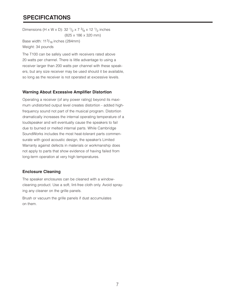 Specifications | Cambridge SoundWorks T100 Tower Loudspeakers User Manual | Page 9 / 12