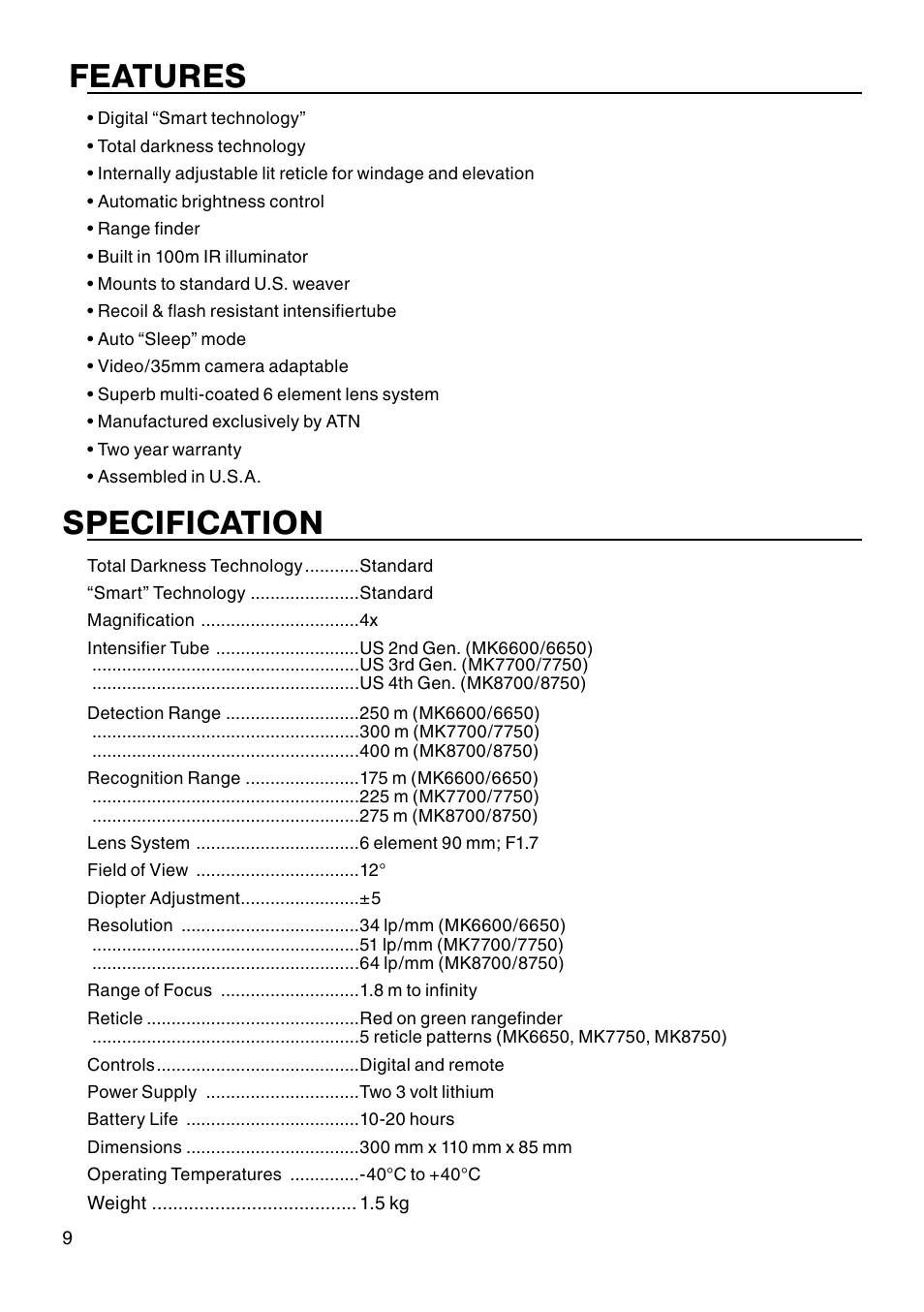 Features, Specification | ATN MK 7750 User Manual | Page 10 / 12