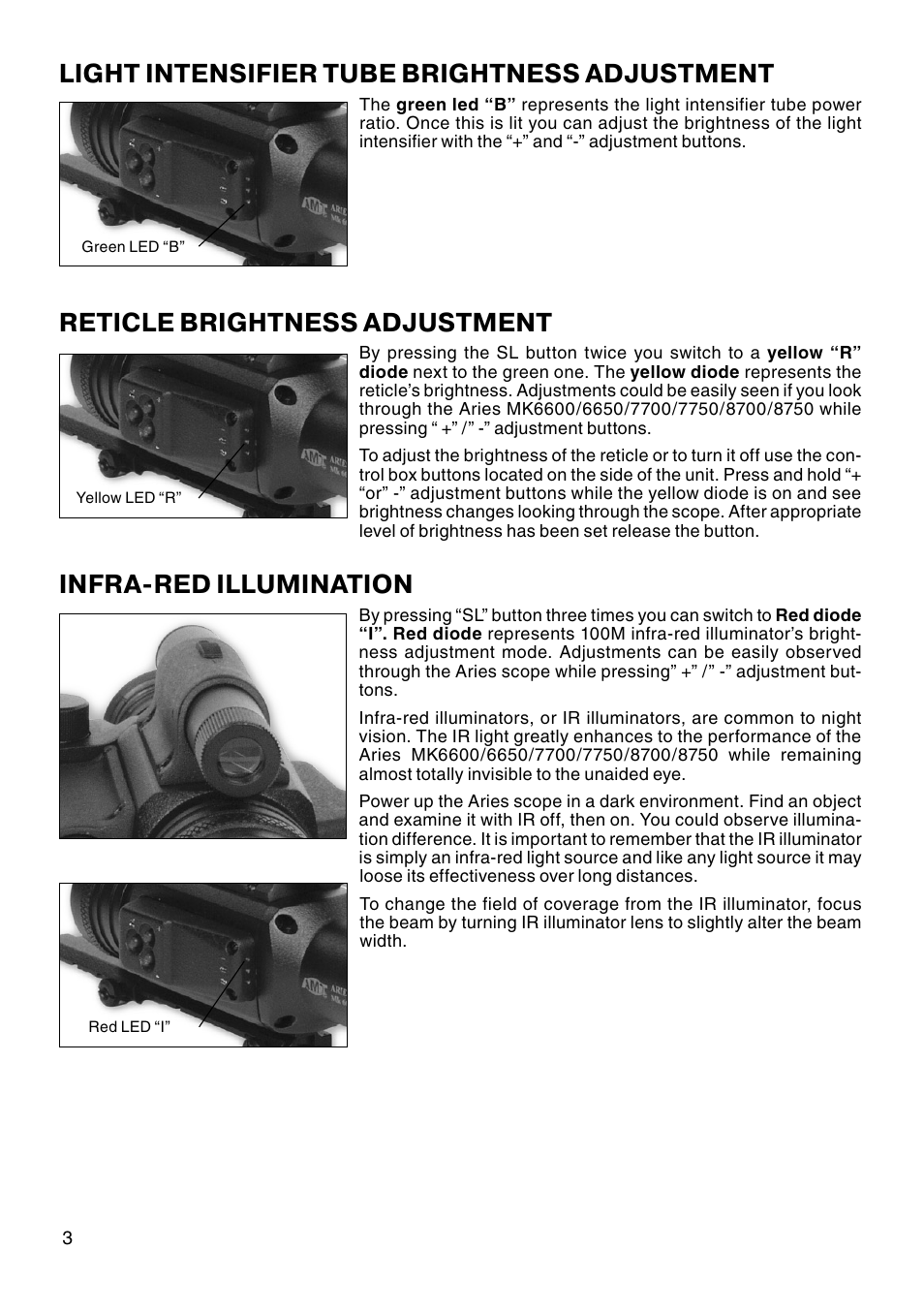 Infra-red illumination, Reticle brightness adjustment, Light intensifier tube brightness adjustment | ATN MK 7750 User Manual | Page 4 / 12