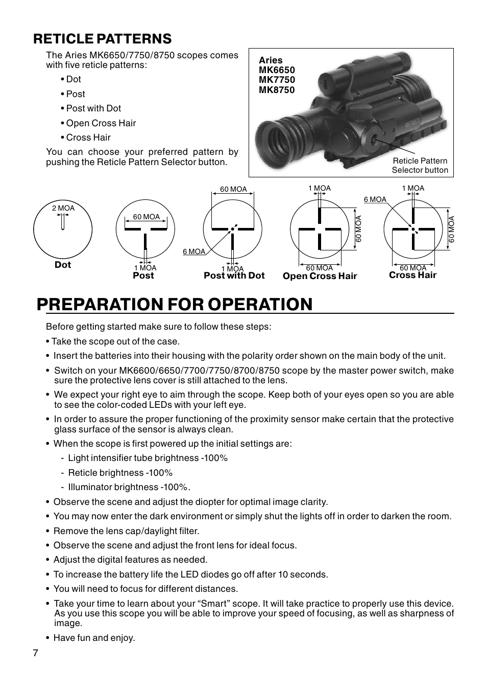 Preparation for operation, Reticle patterns | ATN MK 7750 User Manual | Page 8 / 12