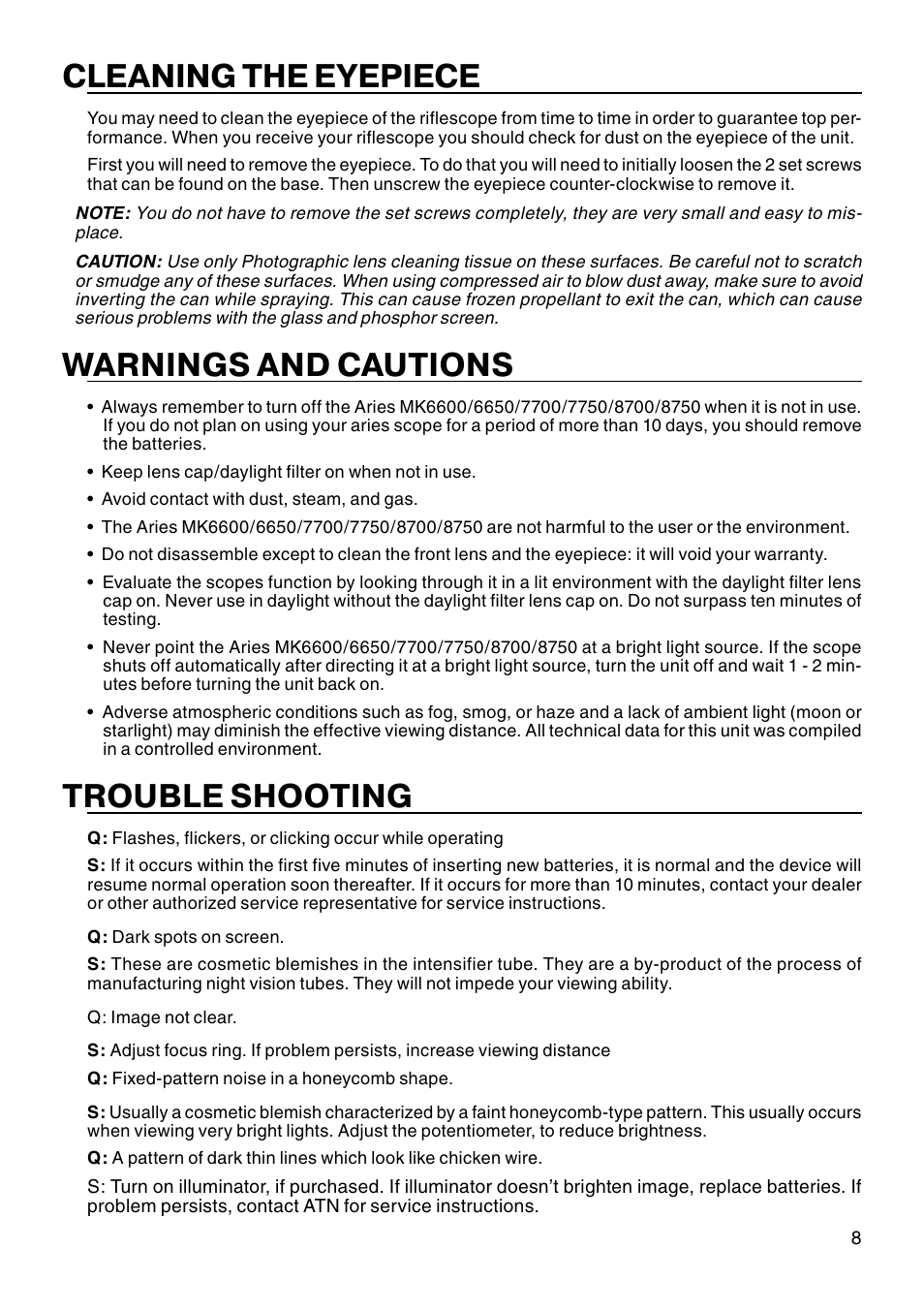 Cleaning the eyepiece, Warnings and cautions, Trouble shooting | ATN MK 7750 User Manual | Page 9 / 12