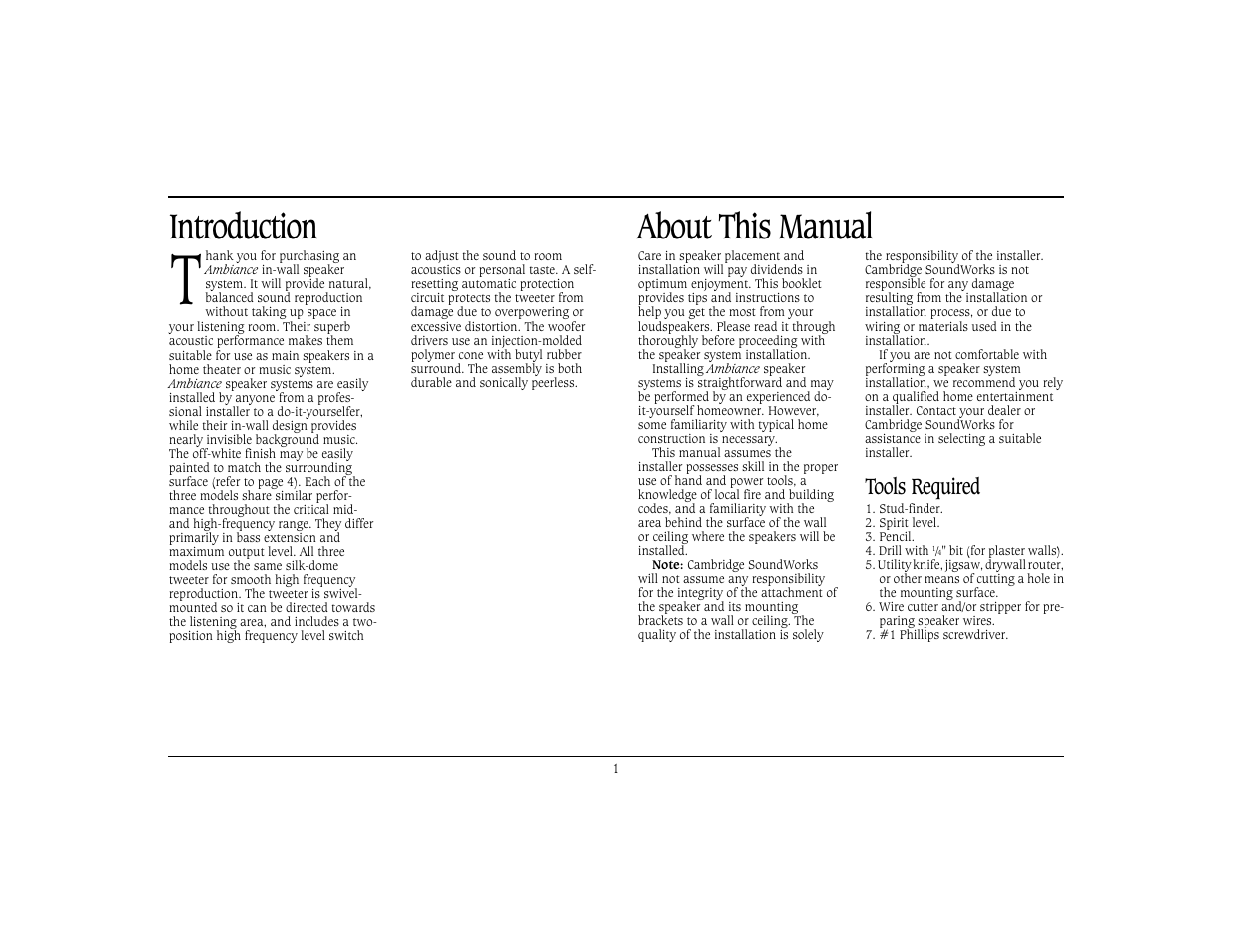 Introduction about this manual, Tools required | Cambridge SoundWorks Ambiance 82 2-Way In-Ceiling Speaker Systems User Manual | Page 2 / 9