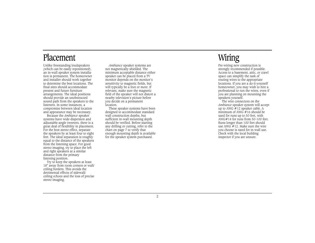 Placement wiring | Cambridge SoundWorks Ambiance 82 2-Way In-Ceiling Speaker Systems User Manual | Page 3 / 9
