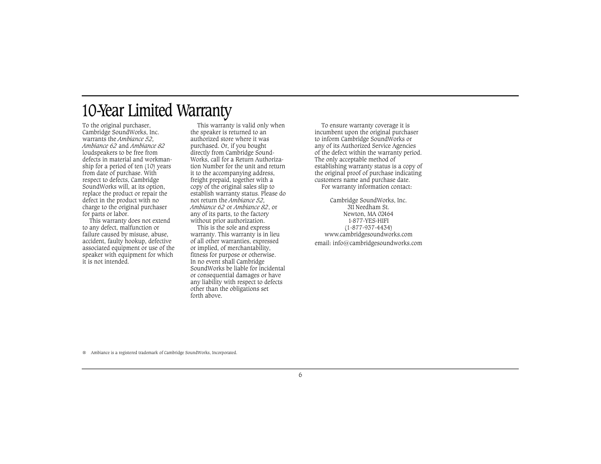 Year limited warranty | Cambridge SoundWorks Ambiance 82 2-Way In-Ceiling Speaker Systems User Manual | Page 7 / 9