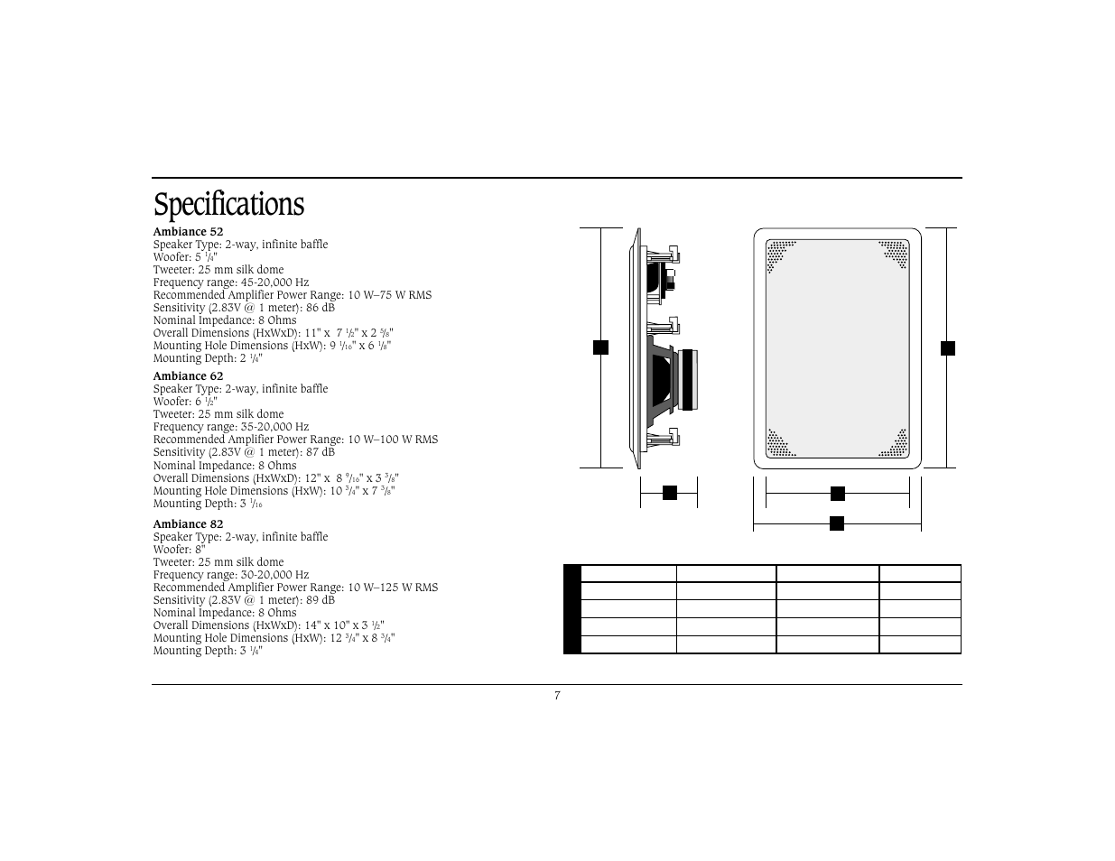Specifications | Cambridge SoundWorks Ambiance 82 2-Way In-Ceiling Speaker Systems User Manual | Page 8 / 9